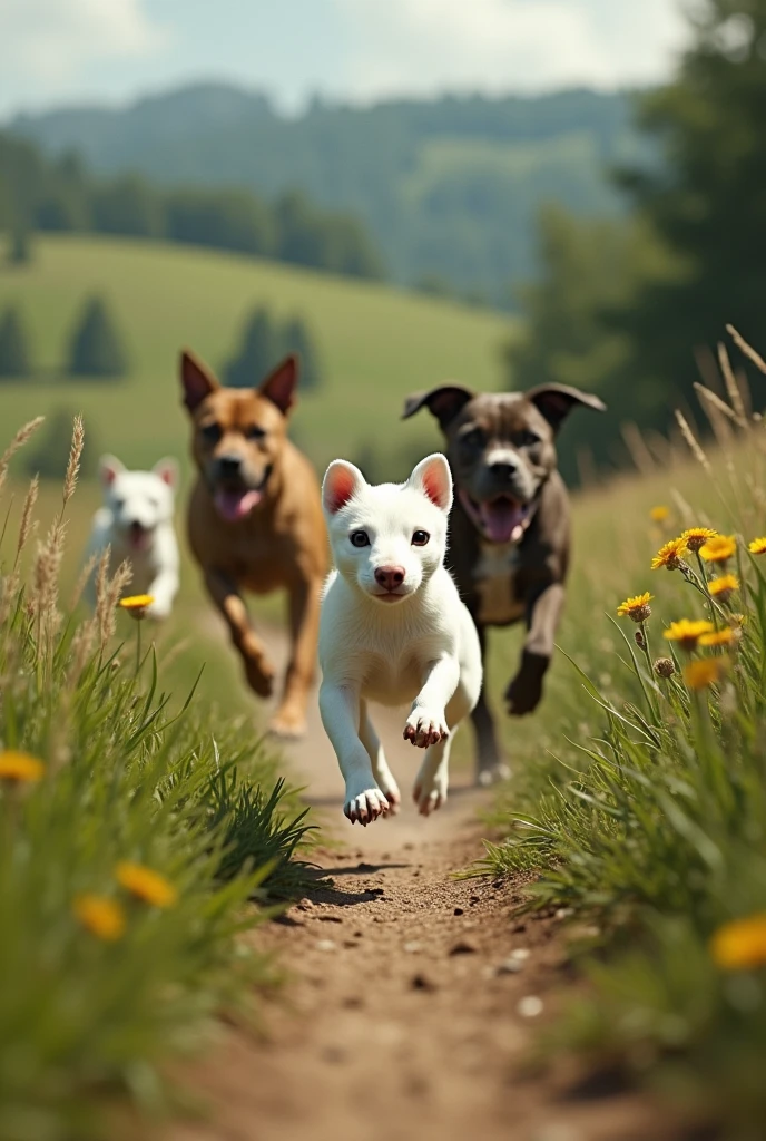 Small white stoat running away from several angry pitbull dogs wanting to bite it in the countryside