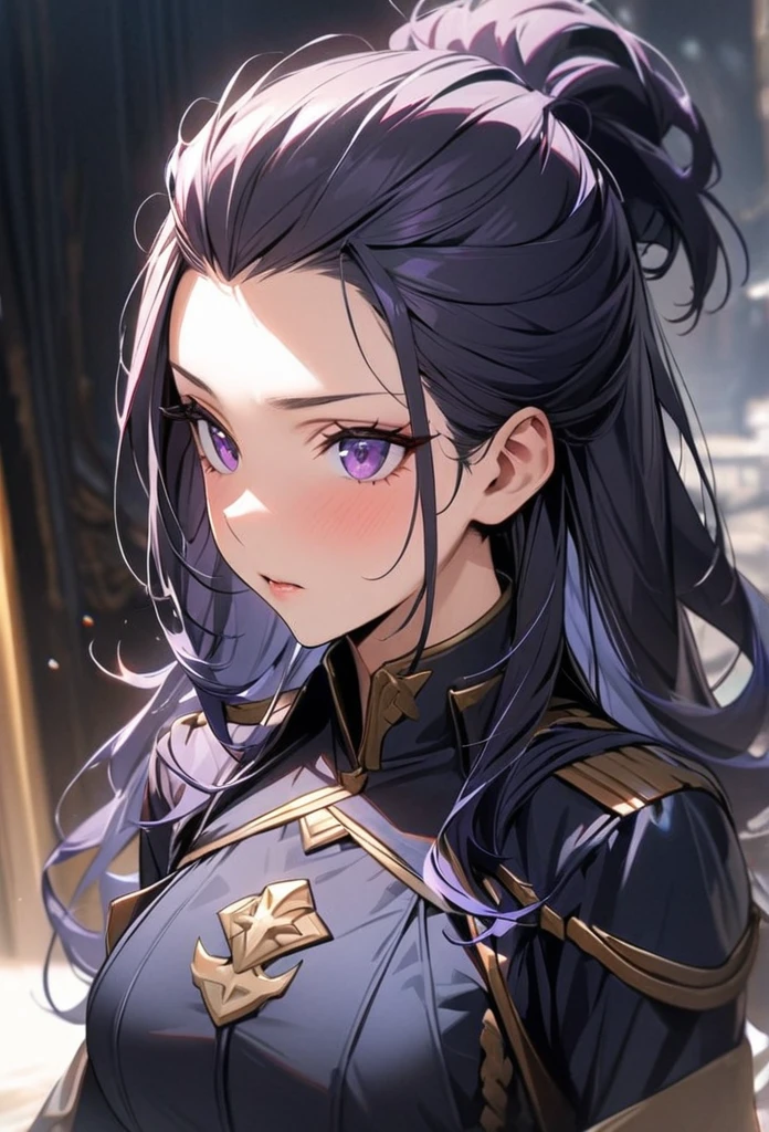 Solo, 1 women, dark blue hair, purple eyes, (((high quality))), masterpiece, detailed face, Bangs Pinned Back, long hair, missy hair, beautiful, noble combat clothes