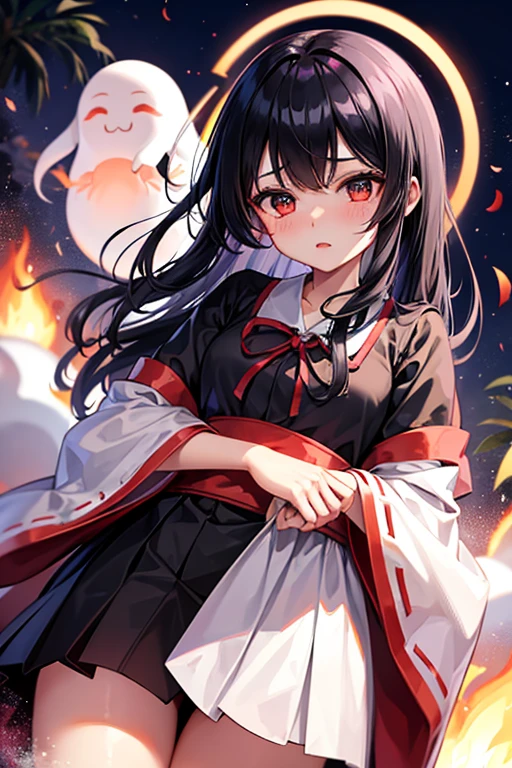 Girl, Shrine Maiden Clothes, Black Hair, Hime Cut, Part-time Job, Late Night, Shrine, Charm, Darkness, Ghost Story, Fear