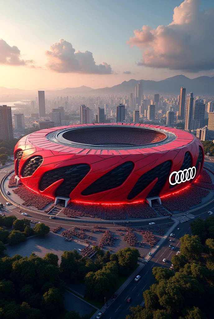 A giant Flamengo football stadium in red and black with the Audi logo