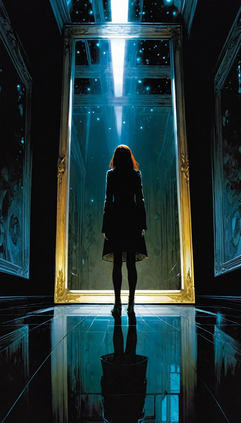 scenery, (no humans:1.5), (infinity mirror:1.5), (facing mirrors:1.5), opposite mirror, mirror in mirror, countless mirror, indoors, dark, horror (theme), (masterpiece), (best quality), (ultra-detailed), (hires), (illustration), art inspired by Bill Sienkiewicz and Dave McKean