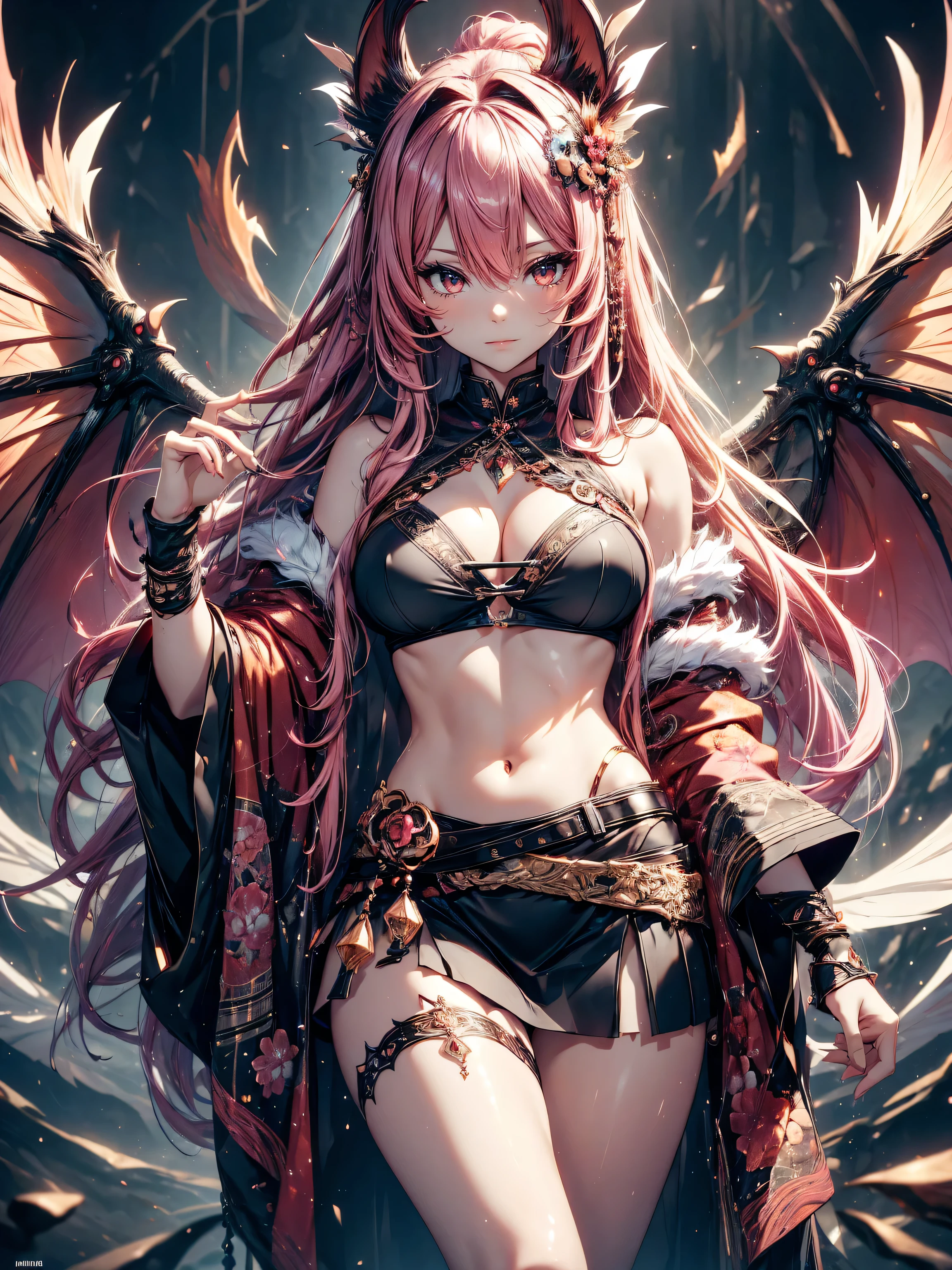 Japanesse beautifull girl, pink & brown hairadd high definition_detail:1, blue fur,kitsune ears, tribal tattoo add_detail:1, in hell add_detail, barefoot, the same, giant black feather wings add_detail:1 ,alas hermosas la mejor calidad y detail en las flumas, blue saturation light, ( black navel top, black navel mini skirt))