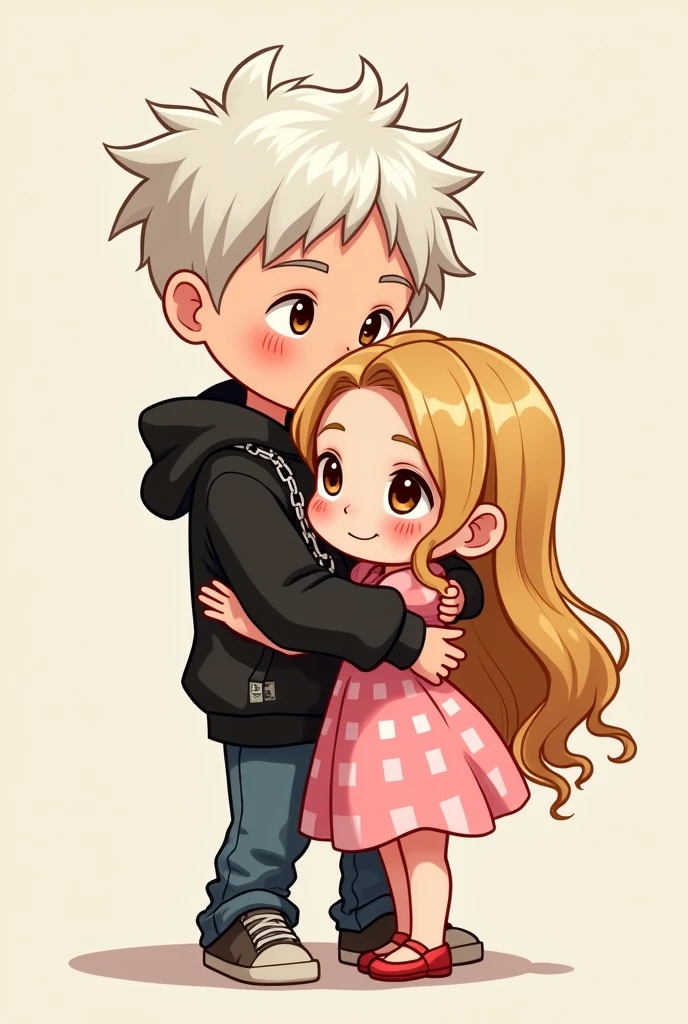 Create a cartoon couple of about 1 , that the boy is a little taller , with white hair, brown eyes and have a black hoodie and chains.. The girl is blonde , no tattoos, brown eyes with freckles and wearing a pink dress with white squares and the boy is in front and is hugging the girl from behind