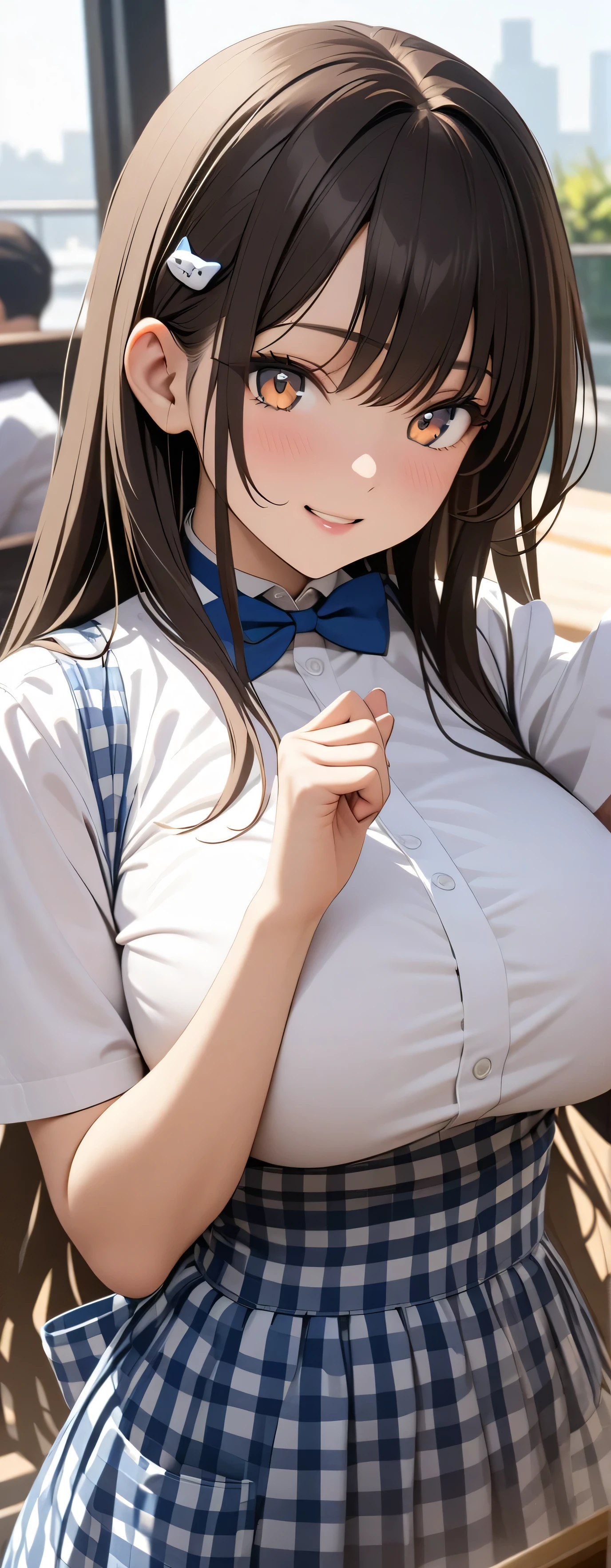 (Beauty: 1.3),One person,masterpiece, Highest quality, Ultra-high resolution,Rich contrast,super high quality,8k,Highly detailed CG unit wallpaper,texture,Unbelievably absurd,Ultra-high resolution,RAW Photos,Depth of Field 1.2,crew, blue bow, blue bowtie, white shirt, short sleeves, blue skirt, blue apron, gingham apron, employee uniform, high-waist skirt, waitress,(Brown Hair,Layered cut,Long Hair),happy,Very fine eye,bigeyes,looking pleasured, (Perfect hands, Perfect Anatomy),Glowing Skin,Cute cat hairpin,restaurant,Beautiful glossy lips,light smile,(Large Breasts:1.5),looking at the camera