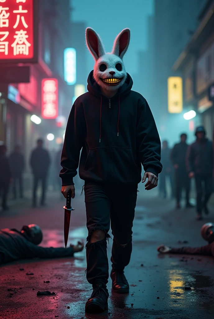 lizoldBS_soul3142,1 male, furry White bloody rabbit mask with creepy smile and yellow bloody teeth , completely Black hoodie, standing in the city street at night, neon lights in the background, steampunk, dystopia, ethereal, detailed, masterpiece, best quality, dramatic lighting, full body, torn Black pants, blood stains, walking to camera, holding ritual knife in the right hand, dead bodies in the background, bloody massacre