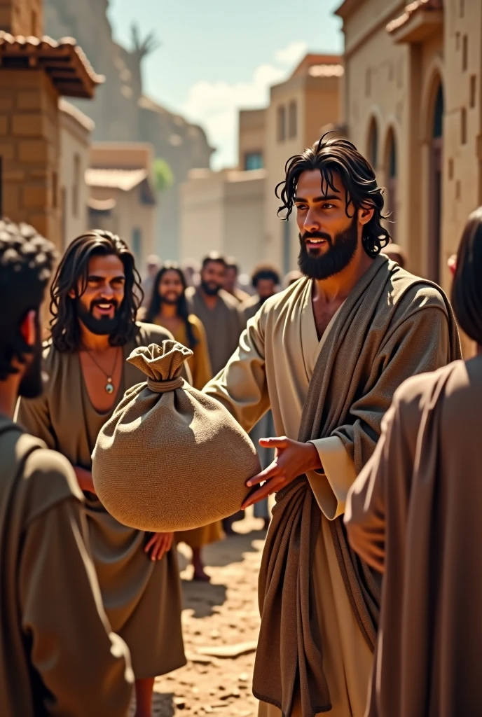 An animated scene where a man generously hands over a bag of coins to a group of people in need, Keep in mind that this was in the time of Jesus and the apostles.