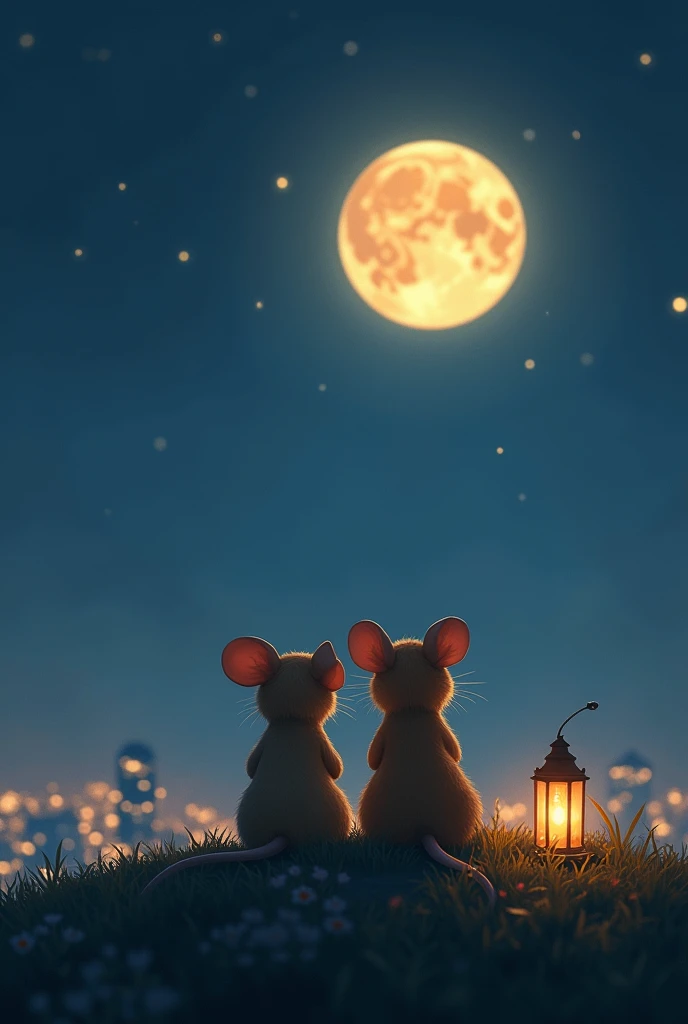 Romantic nighttime photo of two anthropomorphic mice, a male and female, sitting closely together with their backs to the camera on the crest of a hill, enjoying a cozy picnic. They gaze up at the sky, where a glowing moon made of cheese shines softly above a twinkling cityscape in the distance. Full body framing, with a gentle, moonlit ambiance adding a tender atmosphere, shot from a low angle to emphasize the vastness of the sky and the intimate moment, on a Leica Q2 with a 50mm lens, in the style of Tim Flach.