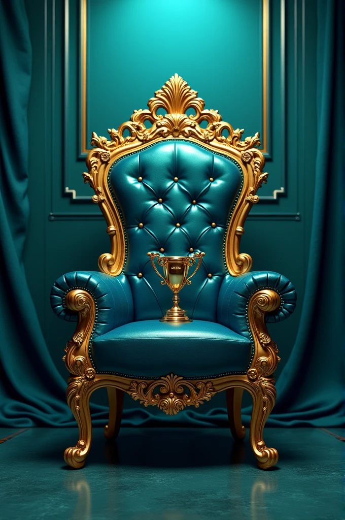 Throne with a trophy placed on the chair with a professional background in peacock blue and peacock green