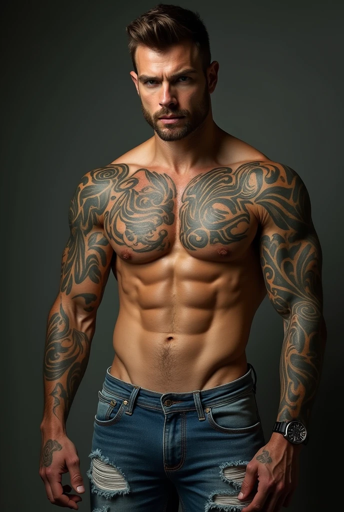 Muscular man with tattoos, naked torso, torn jeans, serious look - strength and confidence in every detail #NSFW #AdultContent #AdultFun #XXX #SexyTimeI #NeuralArtista