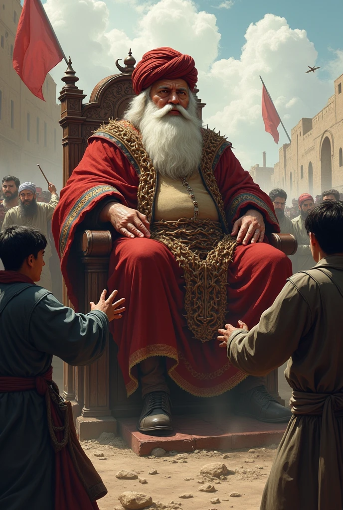 Poor, wretched, hungry public is holding thorn throne of big, fat, huge bearded, white afghan turban usurper leader, afghan town