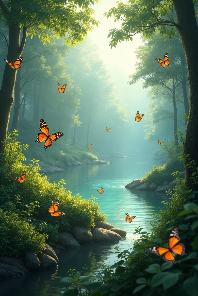 butterflies flying in the forest on the shore of a lake