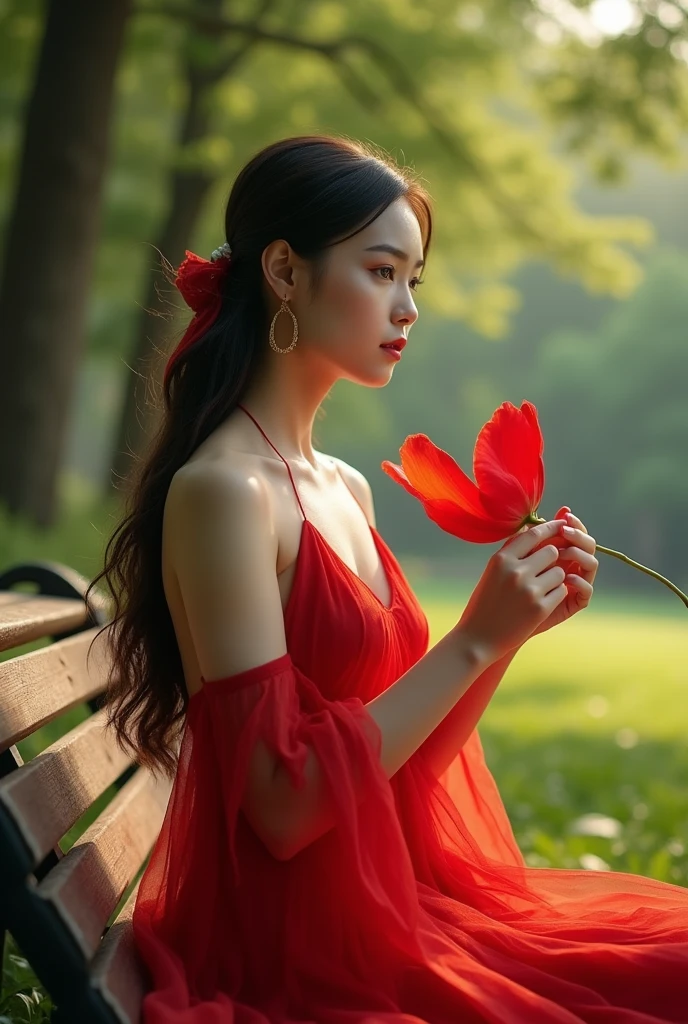Beautiful woman sitting in the park wearing red dress and taken red flower