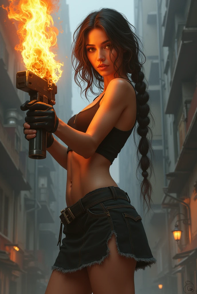 girl carrying flamethrower mini skirt realistic