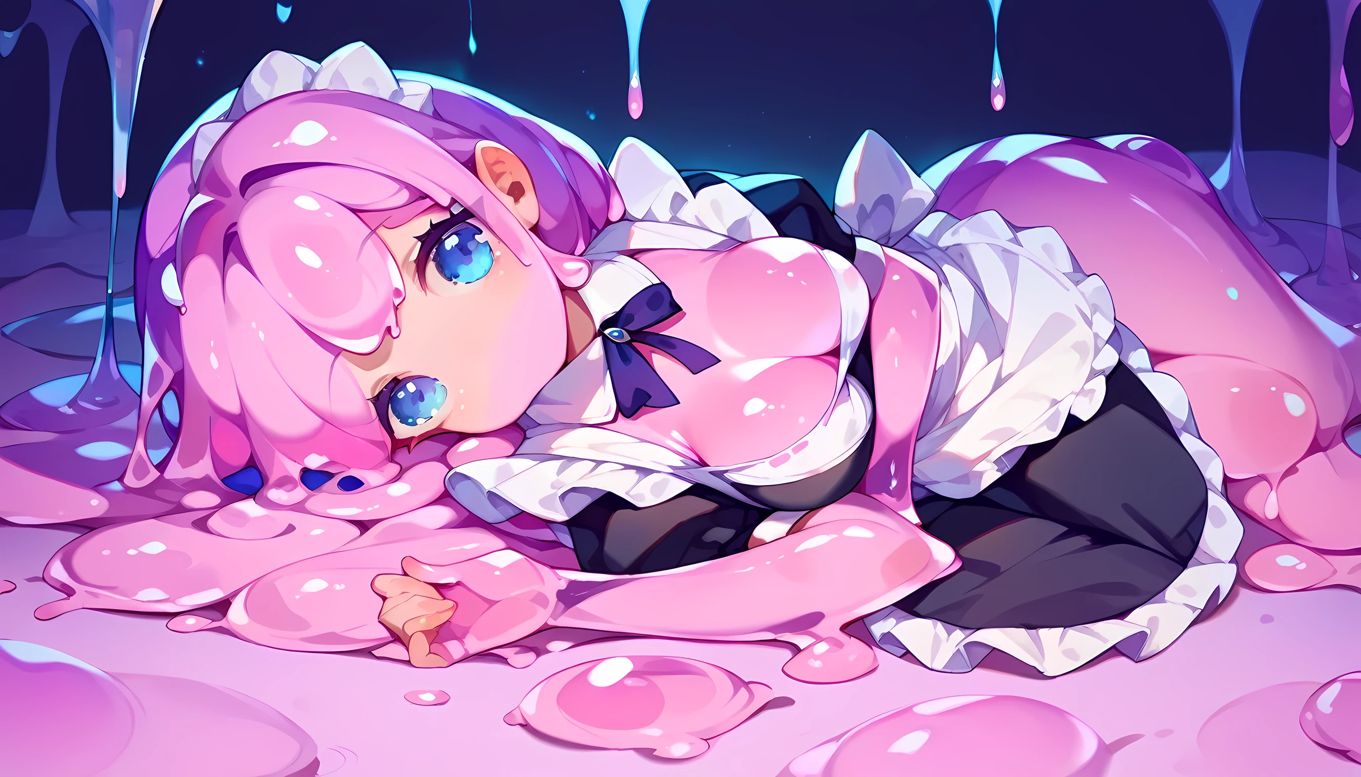 (score_9, score_8_up, score_7_up), 1girl, slime girl, purple cristal clear skin, slime purplrskin, maid outfit, long hair, blue eyes, looking at viewer, innocent, cute, medium breasts, standing, arms on sides, head tilt, pastel colors