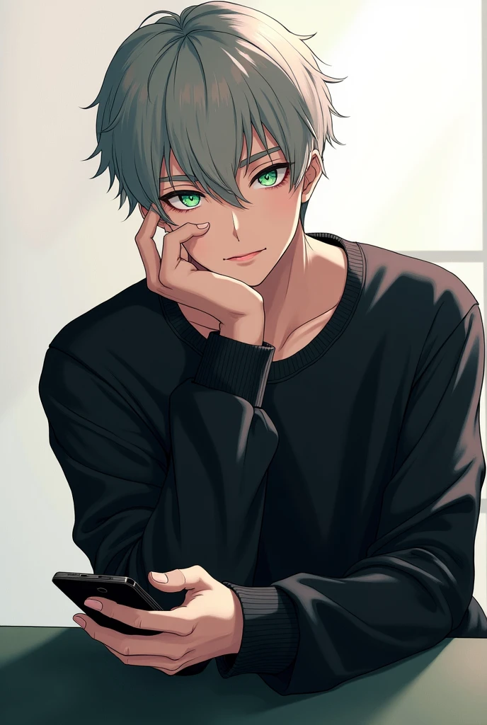 This image is、Shows the illustration of a young man。He is wearing a black sweatshirt、While holding the smartphone in one hand、The other hand is supporting the chin。His hair is short、In pale grey、I feel a little disorganized.、The eyes are bright green。His expression seems a little thoughtful.、It creates a calm atmosphere。The background is simple、His appearance stands out。overall、Stylish and attractive visuals。
Anime Shōnen with gray hair and black shirt holding a cell phone, Anime drawing inspired by Bian Shoumin, Topics on pixiv, realism, Looking at mobile phone, Young Anime Guy, Handsome anime pose, Male Anime Characters, Anime handsome guy, Anime Shōnen, Male Anime Style, He has dark grey hair, Tall anime guy with blue eyes, He has a smartphone