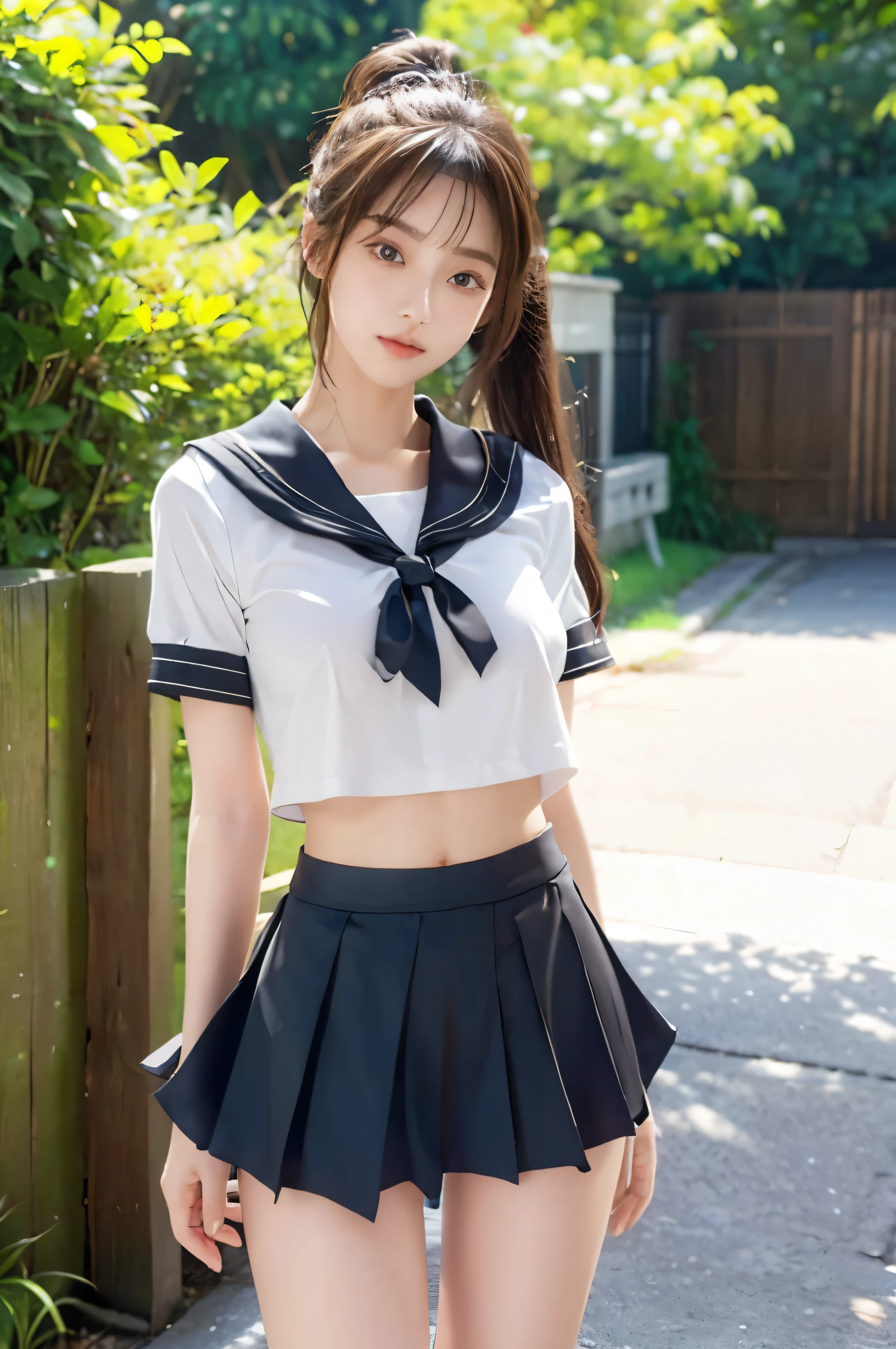 (Ultra HD), (Looking at me), (The whole body is shown), (Black short-sleeved sailor suit, Black low rise mini skirt), Big Breasts, slender, Narrow waist, (The belly button is visible:0.6), (Thin legs:1.2), (Thin thighs:1.2), (Thin Hips:1.4), (Beautiful Skin, Shiny skin, White skin), (Super slim face, Super beautiful face, No makeup, Smile:0.6), (light brown, ponytail, Layered Cut, Fluffy hair), (double eyelid, Slanted Eyes), Small Nose, Thin lips, Are standing, In front of the school gate
