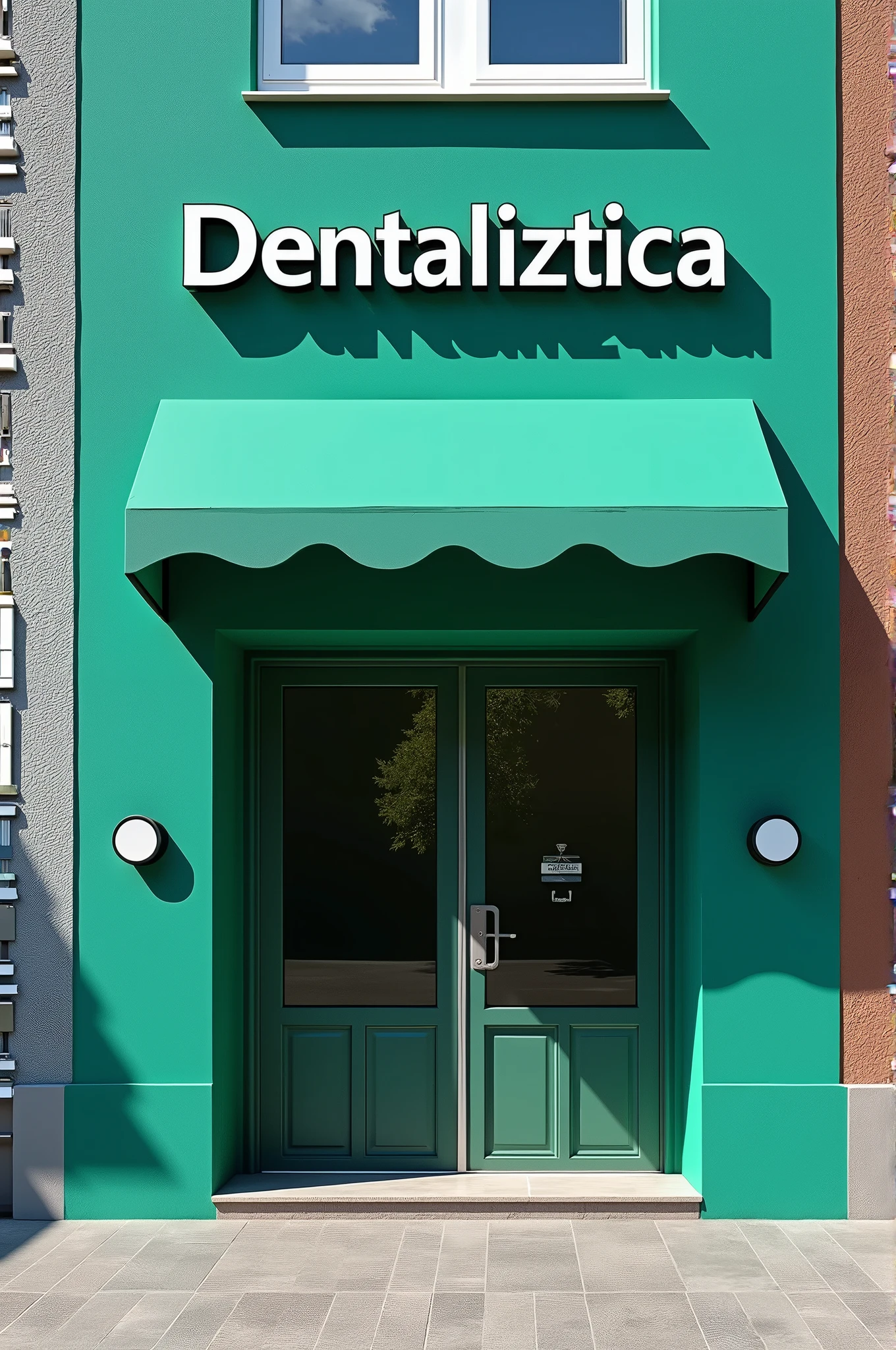 Design me a painted exterior where emerald green colors can be used, petroleum blue and lead, any of those colored or all, covering only the ground floor, where you can see the name of the clinic and it says Dentaliztica, It is for a dental clinic,There must be a glass door that does not cover more than half of the front