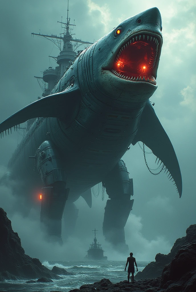 Fusion of shark and big ship fully robotic creation and big and horror also ship like shape 
