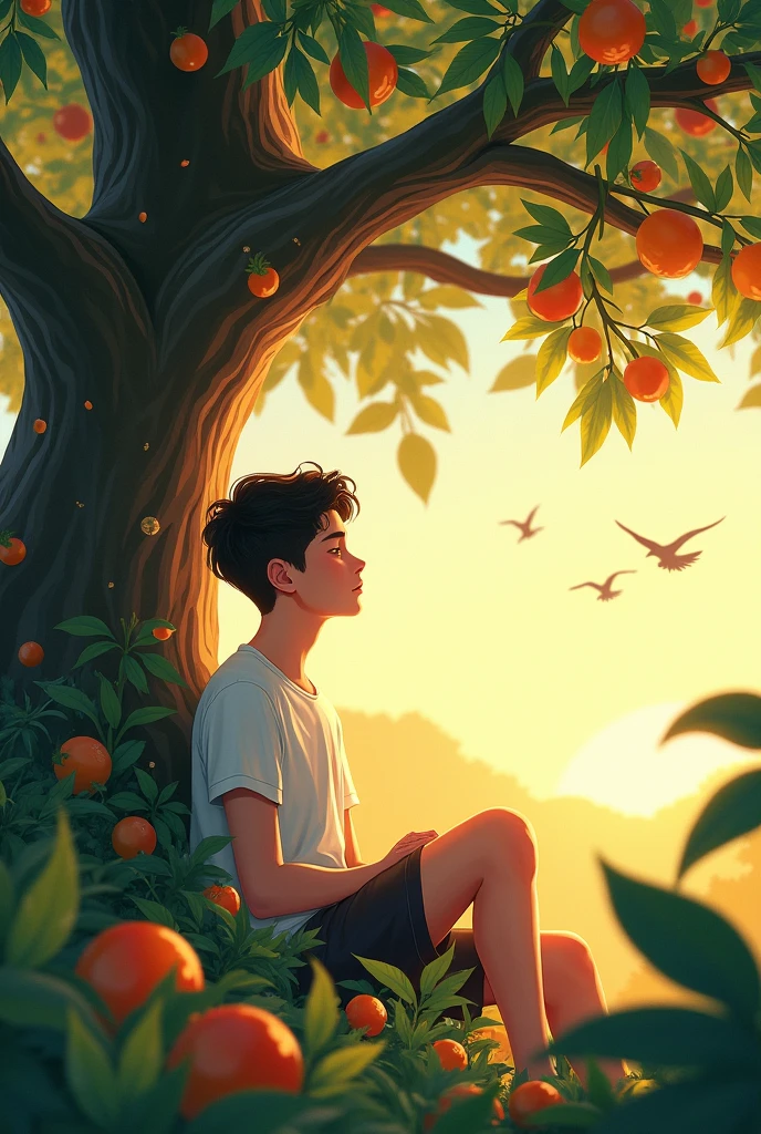 A teenager with clean shave dreaming his beautiful heaven include , birds, siting under trees with beautiful fruits evening side view