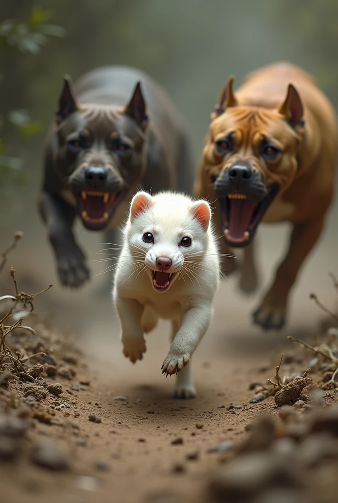 Small white stoat running away from several rabid pitbull dogs wanting to bite it