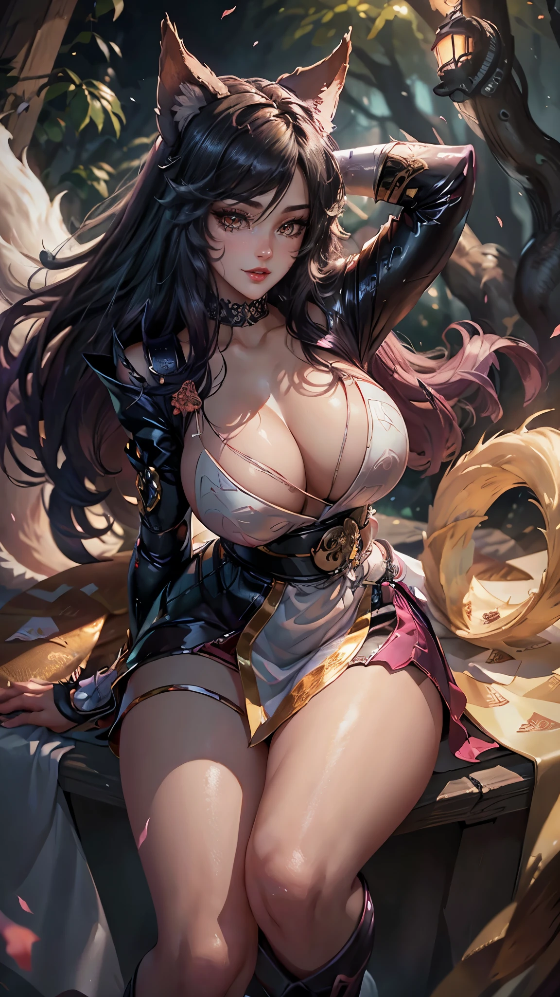 Ahri da league of legends,(best qualityer,4K,8k,high resolution, work of art:1.2)(weather: windy), 1girl, Japanese female, spirit forest background, red and white long sleeve korean kimono dress, cleavage, spirit sphere, cute makeup, thigh high boots, belt, long black hair, braided hair, fox ears, multiple fox tails, ultra detailed, realistic, portrait, beautiful detailed yellow eyes, beautiful detailed lips, extremely detailed eye and face, beautiful girl, long eyelashes, sexly, average, large breasts, beaming smile, fighting, stunning curves, bright coloured, dramatic lighting,