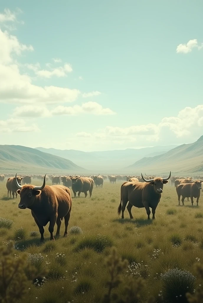 create a realistic landscape that gives the impression of cattle coming out of the screen into real life, of a vast open field full of cattle roaming