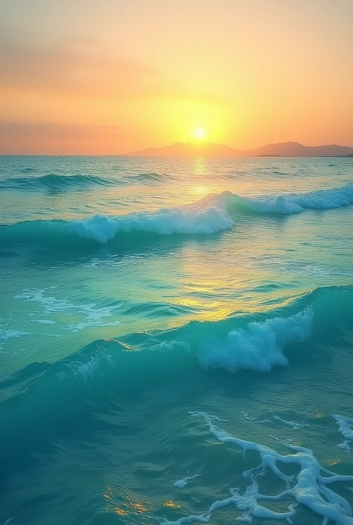 (photorealism: 1.2), realistic photo of the turquoise sea and its waves at sunset