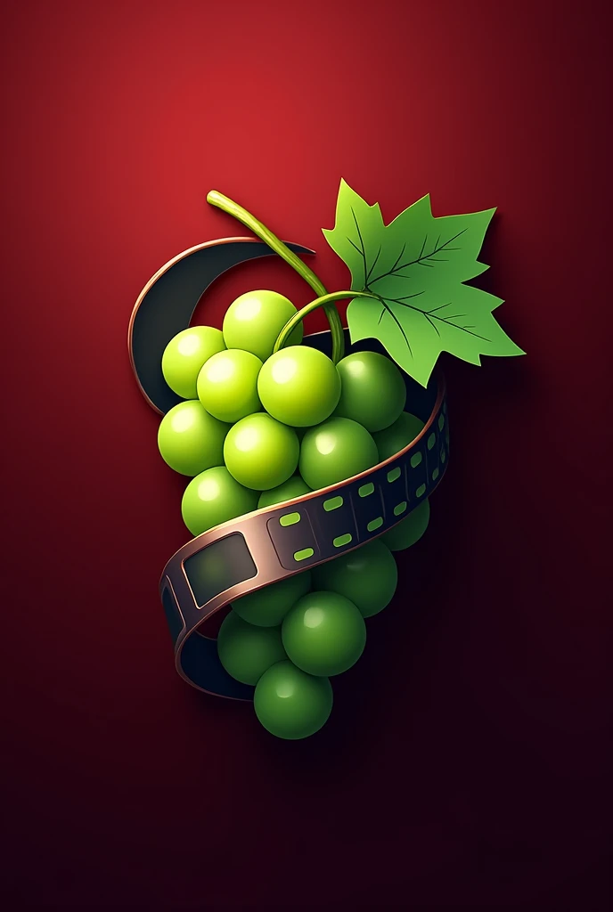 An icon for the movie and series streaming app that shows a green grape with a film strip wrapped around it with a dark red background.