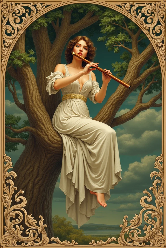 Woman playing the flute with both hands sitting in a tree, Renaissance style.
Very decorated frame, Mucha Style.
