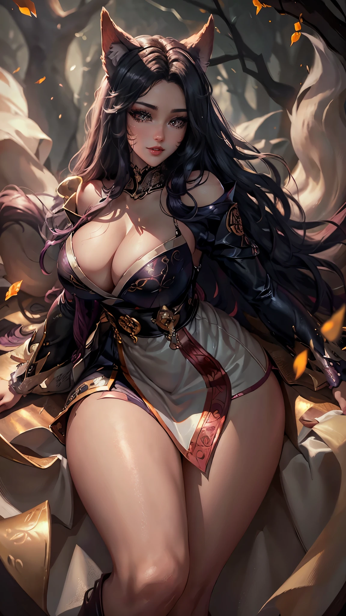 Ahri da league of legends,(best qualityer,4K,8k,high resolution, work of art:1.2)(weather: windy), 1girl, Japanese female, spirit forest background, red and white long sleeve korean kimono dress, cleavage, spirit sphere, cute makeup, thigh high boots, belt, long black hair, braided hair, fox ears, multiple fox tails, ultra detailed, realistic, portrait, beautiful detailed yellow eyes, beautiful detailed lips, extremely detailed eye and face, beautiful girl, long eyelashes, sexly, average, large breasts, beaming smile, fighting, stunning curves, bright coloured, dramatic lighting,