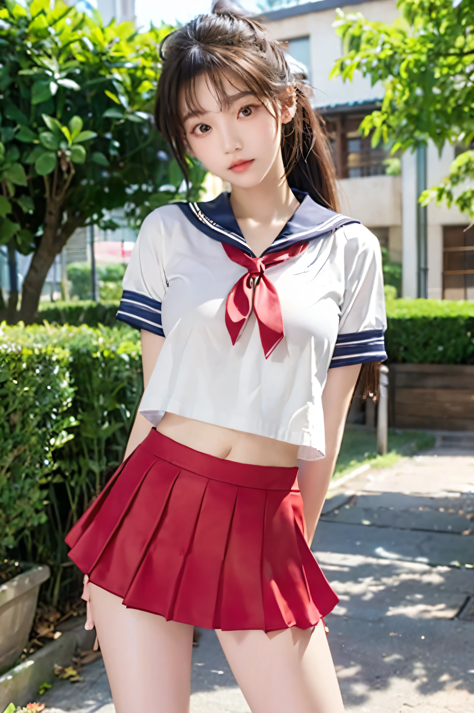 (Ultra HD), (Looking at me), (The whole body is shown), (Red short-sleeved sailor suit:1.2, Red low rise mini skirt), Big Breasts, slender, Narrow waist, (Thin legs:1.2), (Thin thighs:1.2), (Thin Hips:1.4), (Beautiful Skin, Shiny skin, White skin), (Super slim face, Super beautiful face, No makeup, smile:0.6), (ponytail, Layered Cut, Fluffy hair), (double eyelid, Slanted Eyes), Small Nose, Thin lips, Are standing, In front of the school gate