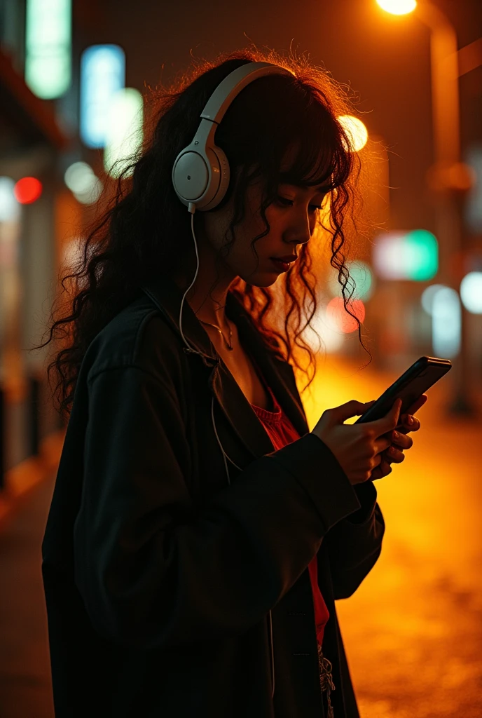Charming woman, Have a foldable phone, Japanese woman, Long curly hair,melancholy night,Take off the shoulders,set,wearing headphones,bathed in strong sunlight,old hip hop style,