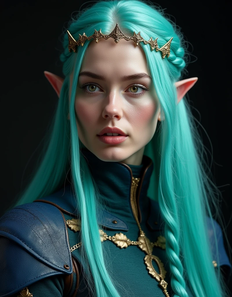 VALKYRIE WOMAN WITH AN HYBRID FACE BETWEEN CLAUDIA SCHIFFER AND GISELE BUNDCHEN , WARRIOR WOMAN, BUST IMAGE STYLE, STUDIO IMAGE STYLE, BLACK INFINITE BACKGROUND, DIFFUSED LIGHTS ON FACE, BACK LIGHTS ON HAIR, LUMINOUS PINK BLUE GREEN HAIR, CLOSE FACE SHOT, HUGE LONG HAIR, HUGE STRAIGHT LONG HAIR, BRAID HAIR STYLE, PLATINUM EYEBROWS, VERY PALE SKIN, LUMINOUS SKIN, FEMALE FAIRY, TOLKIEN MITHOLOGY, EXPOSED LONG TIP EARS, HIGH CHEEKBONES, ROSY CHEEKS, GORGEOUS LIPS, SOFT LIPSTICK, GORGEOUS CURVY BODY, SOFT MUSCLES, VOLUMOUS , BLUE GREEN ARMOUR, FULL BODY ARMOUS, FLAT BOOTS, NECK CLEAVAGBRACELETS, GOLD DETAILS, GOLDEN HEADBAND , ENIGMATIC FACE EXPRESSION, SIDE FACE VIEW, EYES LOOKING UP, TOLKIEN MITHOLOGY, HIGH QUALITY IMAGE, MASTERPIECE, 8K