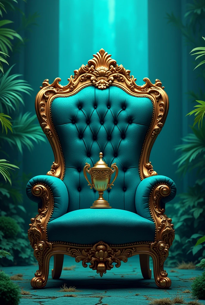 Throne with a trophy placed on the chair with a professional background in peacock blue and peacock green in landscape