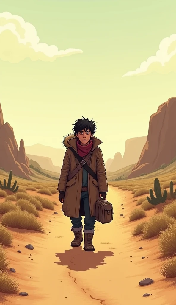 A traveler is seen walking down a dusty road, wearing a thick coat and carrying a small bag.
Show as cartoons.