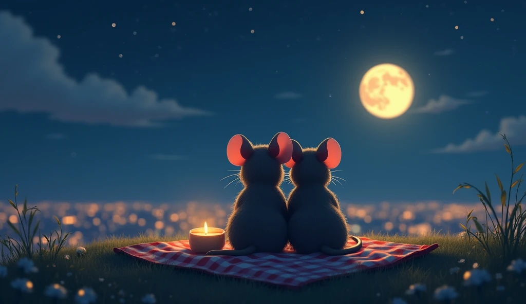 Romantic nighttime photo of two anthropomorphic mice, a male and female, sitting closely together with their backs to the camera on the crest of a hill, enjoying a cozy picnic. They gaze up at the sky, where a glowing moon e of cheese shines softly above a twinkling cityscape in the distance. Full body framing, with a gentle, moonlit ambiance adding a tender atmosphere, shot from a low angle to emphasize the vastness of the sky and the intimate moment, on a Leica Q2 with a 50mm lens, in the style of Tim Flach.