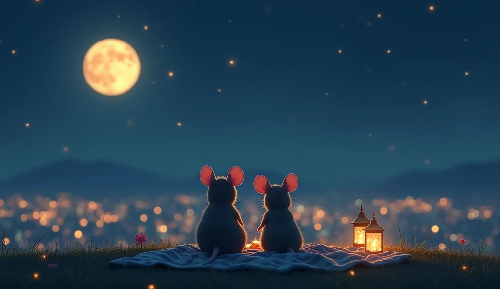 Romantic nighttime photo of two anthropomorphic mice, a male and female, sitting closely together with their backs to the camera on the crest of a hill, enjoying a cozy picnic. They gaze up at the sky, where a glowing moon made of cheese shines softly above a twinkling cityscape in the distance. Full body framing, with a gentle, moonlit ambiance adding a tender atmosphere, shot from a low angle to emphasize the vastness of the sky and the intimate moment, on a Leica Q2 with a 50mm lens, in the style of Tim Flach.