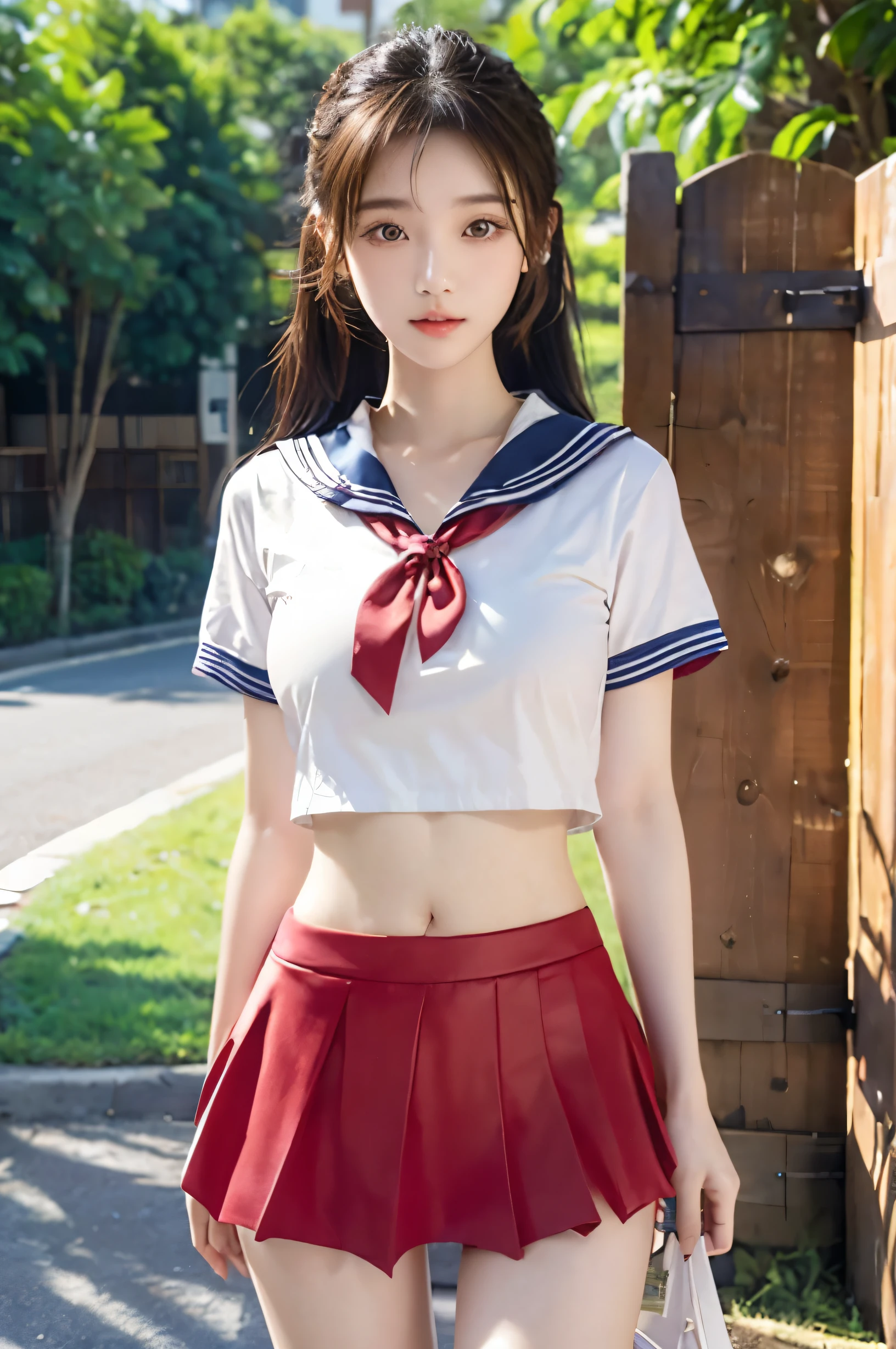 (Ultra HD), (Looking at me), (The whole body is shown), (Red short-sleeved sailor suit:1.2, Red low rise mini skirt), Big Breasts, slender, Narrow waist, (Thin legs:1.2), (Thin thighs:1.2), (Thin Hips:1.4), (Beautiful Skin, Shiny skin, White skin), (Super slim face, Super beautiful face, No makeup, smile:0.6), (ponytail, Layered Cut, Fluffy hair), (double eyelid, Slanted Eyes), Small Nose, Thin lips, Are standing, In front of the school gate