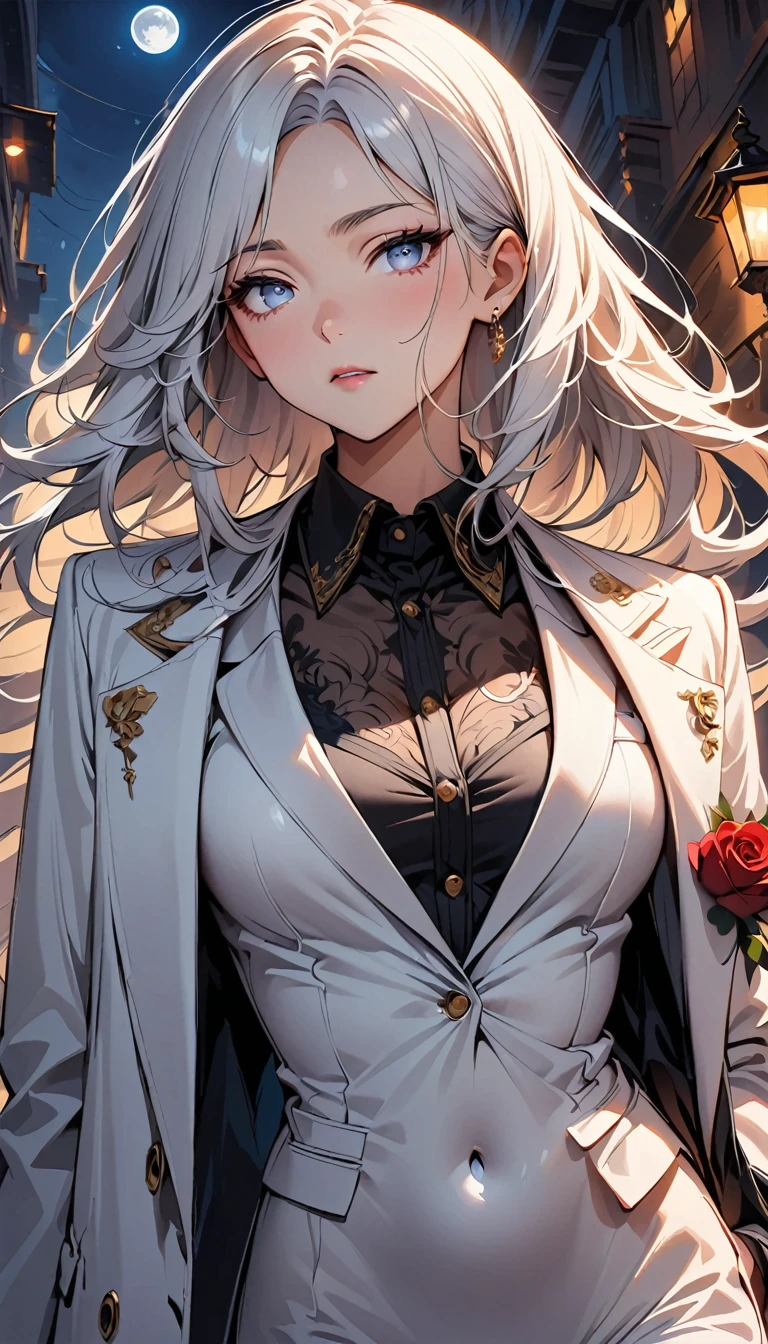 masterpiece, Highest quality, (alone focus), (Perfect Face:1.1), (Attention to detail:1.1), (Ultra-detailed eyes), dramatic, A man with white skin and long, voluminous white hair, White eyes, alone, Long Hair, moon, night, White luxury suit, Covered navel, Pouting, fur, Arrogant look, rose園, Detailed Background, Cinema Lighting, rose, fashion, Balenciaga Style