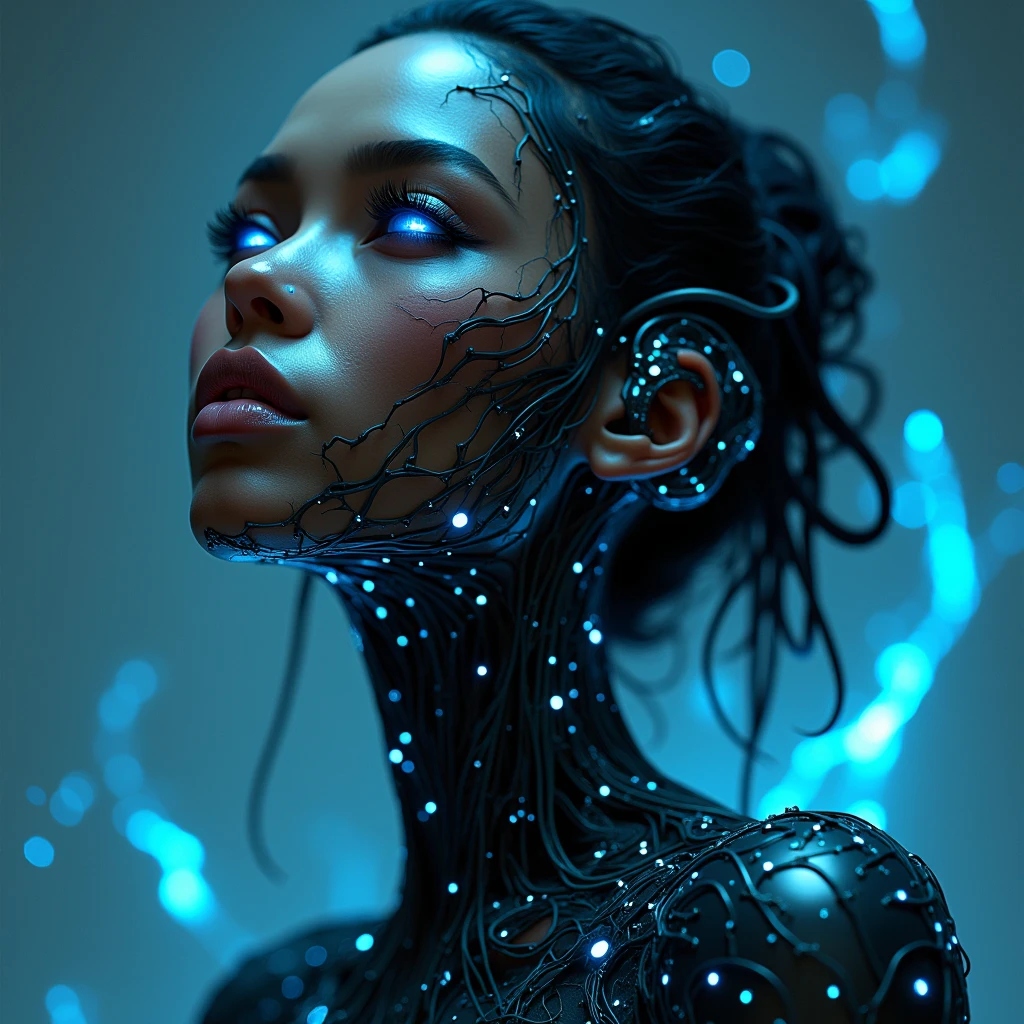 A black woman with Asian features of human appearance, but with AI traits, is highlighted. She has impeccable beauty, but his face and body show small cracks or crevices that reveal circuitry, wires, and blue neon lights beneath the skin. Her eyes shine inhumanly, with a blank expression, without real emotions. The background of the image is a mix of futuristic elements, with cascading binary codes and abstract digital patterns. There is a sense of distrust and coldness in the image., reflecting the idea of something that seems real, but it's not.