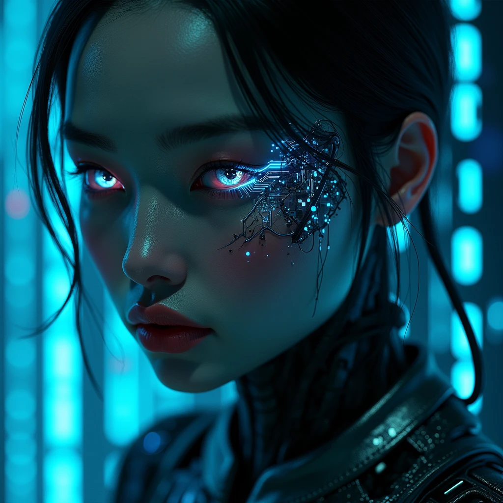 A black woman with Asian features of human appearance, but with AI traits, is highlighted. She has impeccable beauty, but his face and body show small cracks or crevices that reveal circuitry, wires, and blue neon lights beneath the skin. Her eyes shine inhumanly, with a blank expression, without real emotions. The background of the image is a mix of futuristic elements, with cascading binary codes and abstract digital patterns. There is a sense of distrust and coldness in the image., reflecting the idea of something that seems real, but it's not.