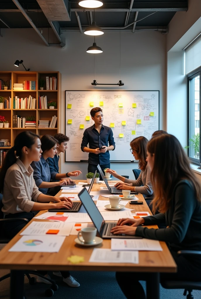A highly detailed image of a modern startup office, showcasing a dynamic team of professionals deeply engaged in a brainstorming session. The workspace is adorned with sticky notes, concept sketches, and cutting-edge prototypes. The background features bookshelves filled with entrepreneurship literature and a large whiteboard covered in innovative ideas. Photorealistic, 8K, (best quality, 4K, 8K, high resolution).