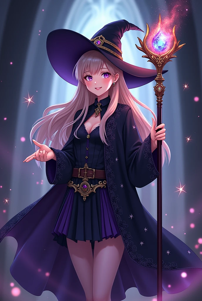 For the single-character cover of "Unexpected Magic," the focus should be on Braelyn. Here's a detailed breakdown of her appearance: **Main Character: Braelyn** 1. **Posture and Expression:** - **Posture:** Braelyn stands in a confident stance, with one hand extended in front of her as if she's about to cast a spell. Her other hand holds a magical staff adorned with glittering jewels. - **Expression:** Her face displays a mix of determination and mischief, with a slight smile that suggests she's about to create something surprising. 2. **Outfit and Accessories:** - **Costume:** She wears a long, flowing witch's cloak in black with dark purple and silver accents. The cloak has a subtle sheen and is embellished with patterns of stars and moons. Beneath the cloak, she dons a traditional witch's dress, with a fitted bodice and a voluminous skirt that ends just above her knees. - **Hat:** Braelyn is wearing a classic witch's pointy hat, also black with silver details and a purple band. The hat is tilted slightly to one side, giving a touch of rebellion to the look. - **Magic Staff:** The staff is long, elegant and made of a material that appears to be subtly on fire. It is decorated with sparkling gems and a crystal at the tip that emits a faint blue glow. - **Jewelry:** Braelyn wears a silver necklace with a pentagram-shaped pendant and gemstone rings on her fingers. 3. **Setting and Background:** - **Background:** The background of the cover should be a dark background with a faint aurora of purple and silver glow, giving the impression that Braelyn is in a magical environment or on a starry night. Small sparks or stars can be scattered around to create an effect of magic in action. - **Lighting:** The lighting should highlight Braelyn, creating a subtle glow around her to highlight her central role in the story. This approach creates a cover that reflects the story’s mix of comedy and magic, while also highlighting Braelyn’s unique character. Do it anime style