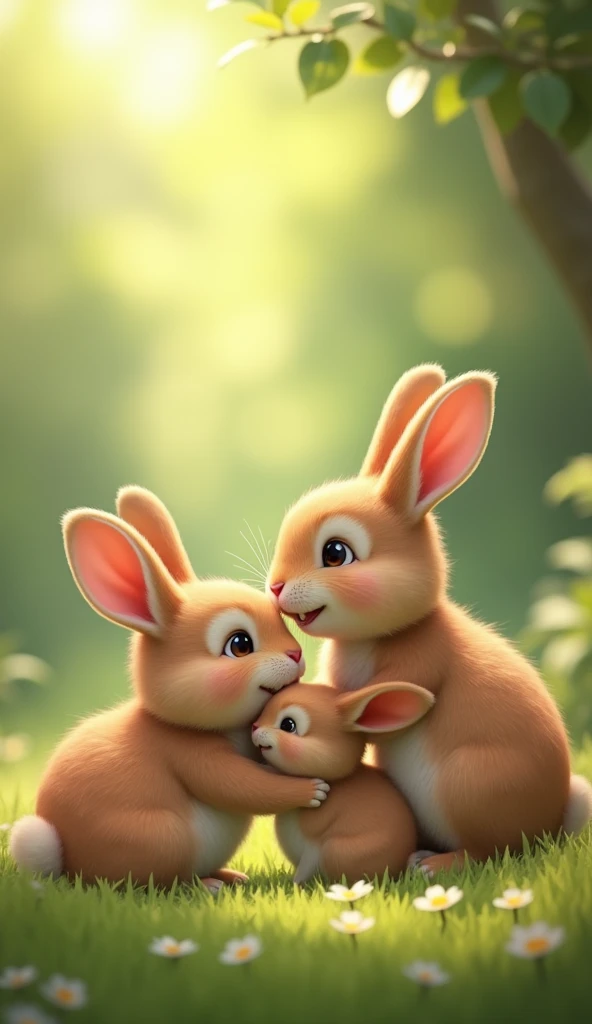 a picture of brown rabbits family that enjoy their life with each other happily