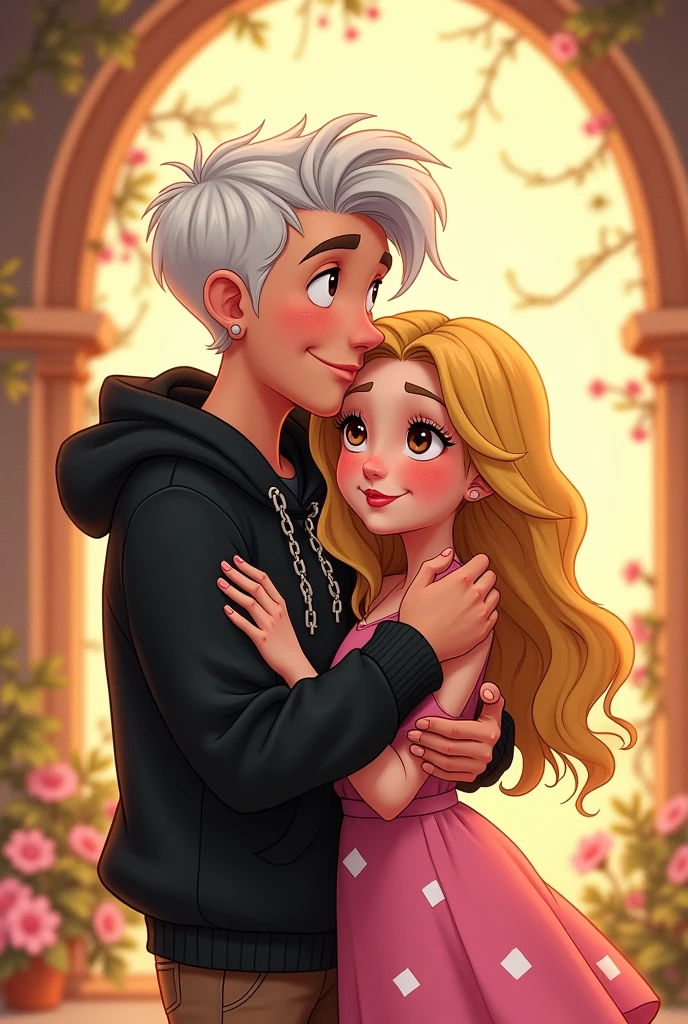 Create a couple of approximately 1 as a Disney-style cartoon , that the boy is a little taller , with white hair, brown eyes and have a black hoodie and chains. That the boy has a tattoo on the 3 middle fingers of his right hand that say ATB .The girl is blonde , no tattoos, brown eyes with freckles and wearing a pink dress with white squares and the boy is in front and is hugging the girl from behind