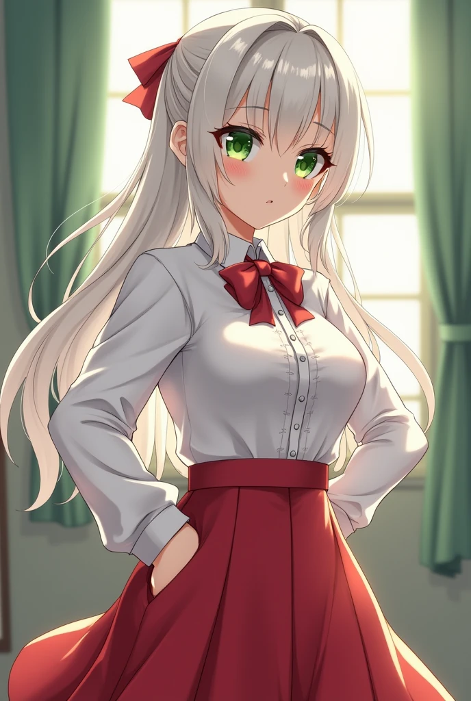 Girl, teacher outfit, white blouse and red skirt, White hair, green eyes, showing me your butt, big butt, huge breasts, big hips}