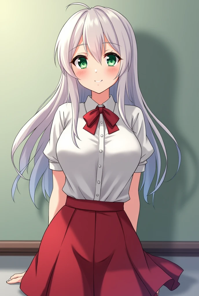 Girl, teacher outfit, white blouse and red skirt, White hair, green eyes, showing me your butt, big butt, huge breasts, big hips}