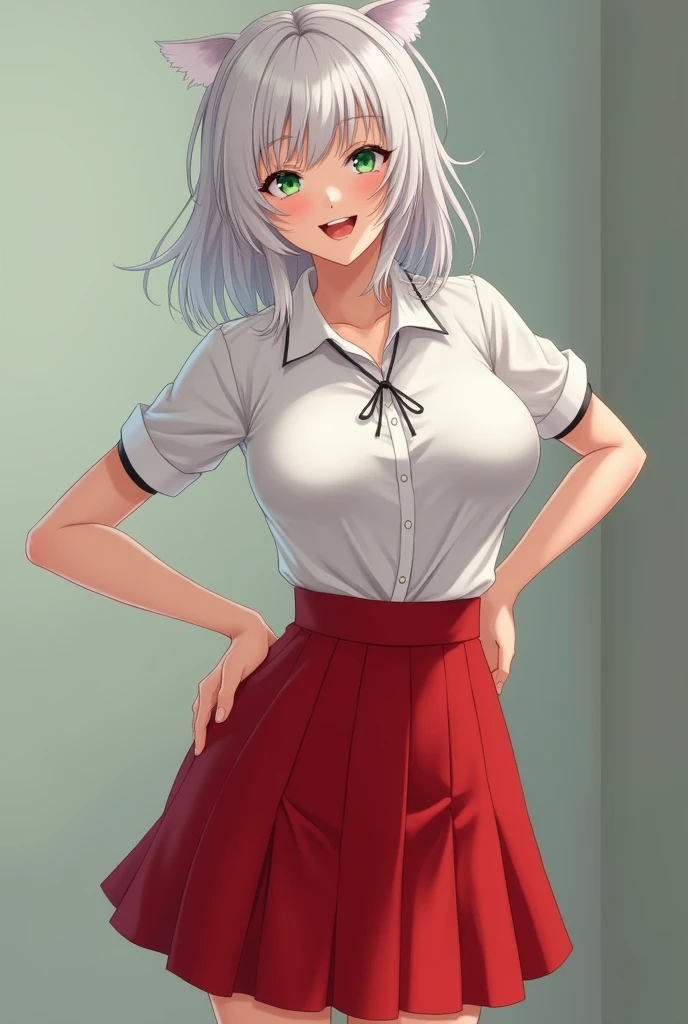 Girl, teacher outfit, white blouse and red skirt, White hair, green eyes, showing me your butt, big butt, huge breasts, big hips}