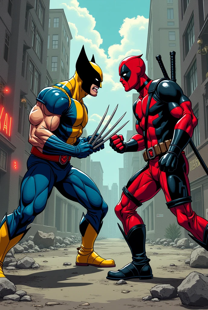 anime version of Deadpool fighting classic wolverine in classic blue and yellow suit from marvel comics