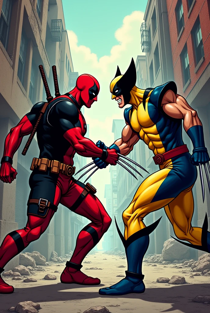 anime version of Deadpool fighting classic wolverine in classic blue and yellow suit from marvel comics